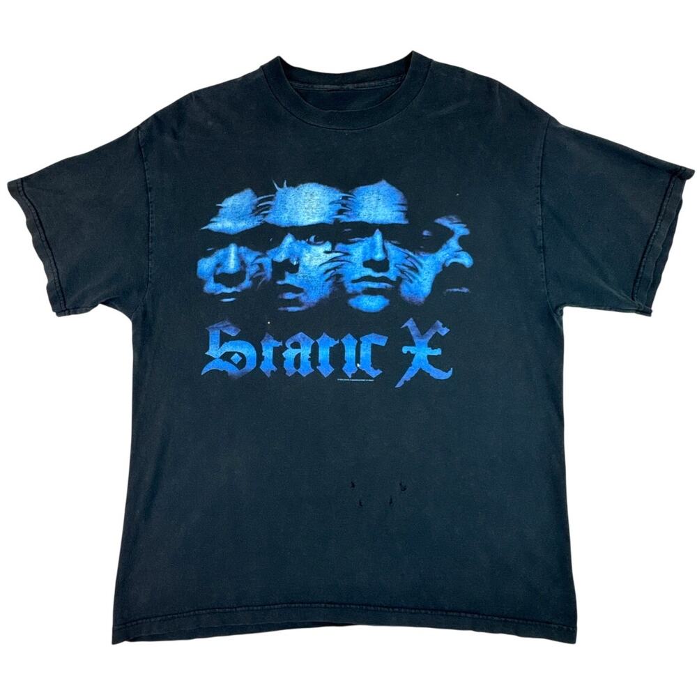 Vintage Static-X Start A War Tour T Shirt Blue Faces Black Y2K Distressed